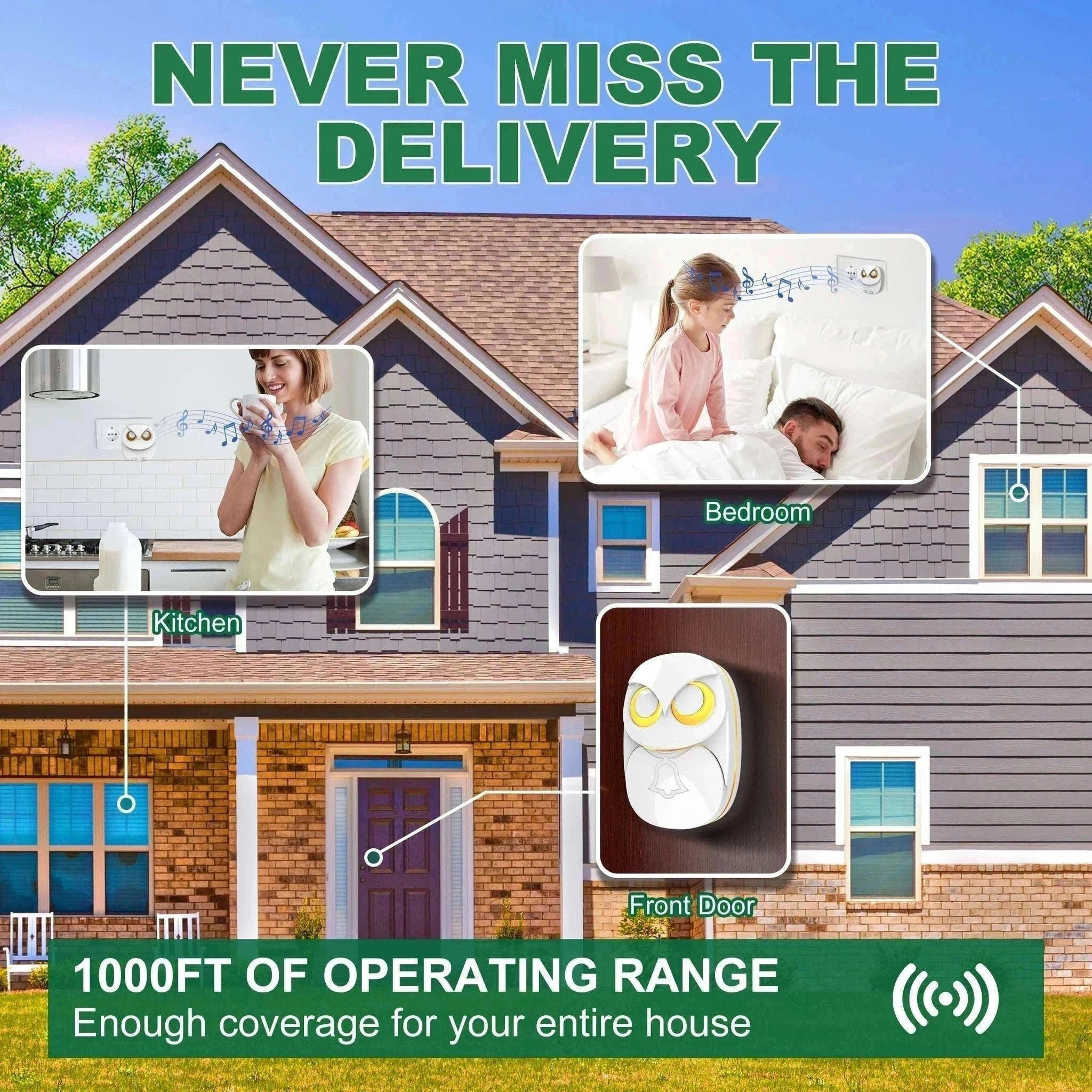 Wireless Doorbell with 300m Range, 35 Chimes & Waterproof Button-KIT2 / EU Plug / Poland