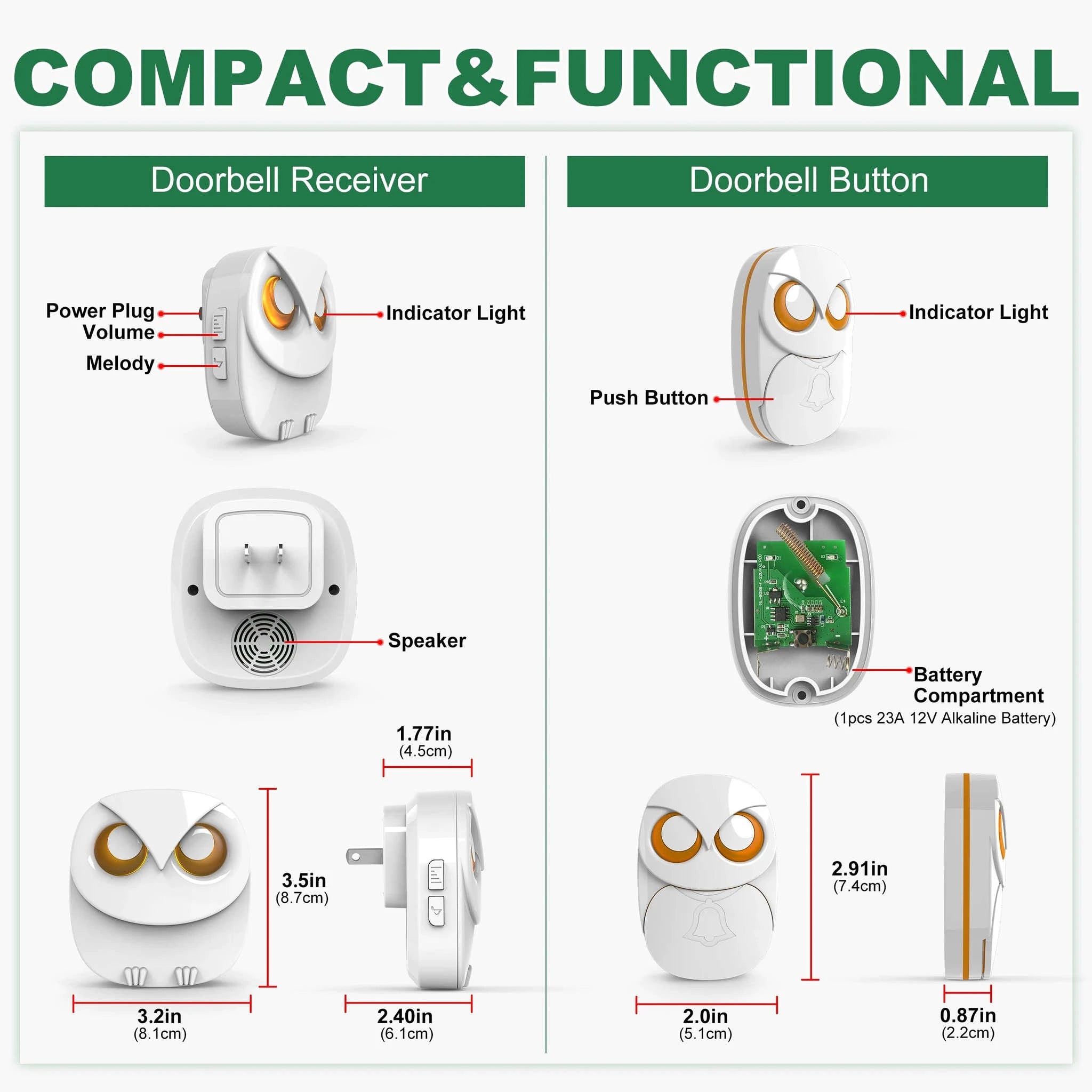 Wireless Doorbell with 300m Range, 35 Chimes & Waterproof Button-KIT2 / EU Plug / Poland