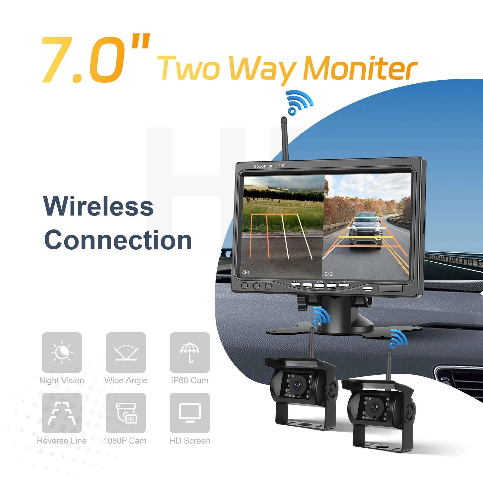 Wireless Dual Backup Camera System with 7-Inch IPS Monitor-Monitor with 2 Cameras / france