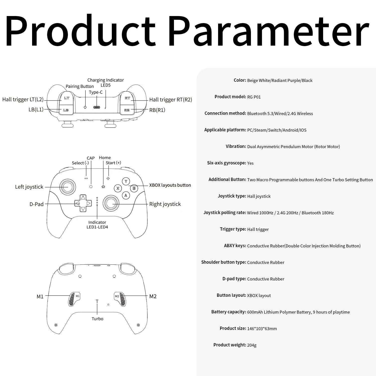 Wireless Gaming Controller with Hall Effect Triggers and Joysticks-Purple / United States