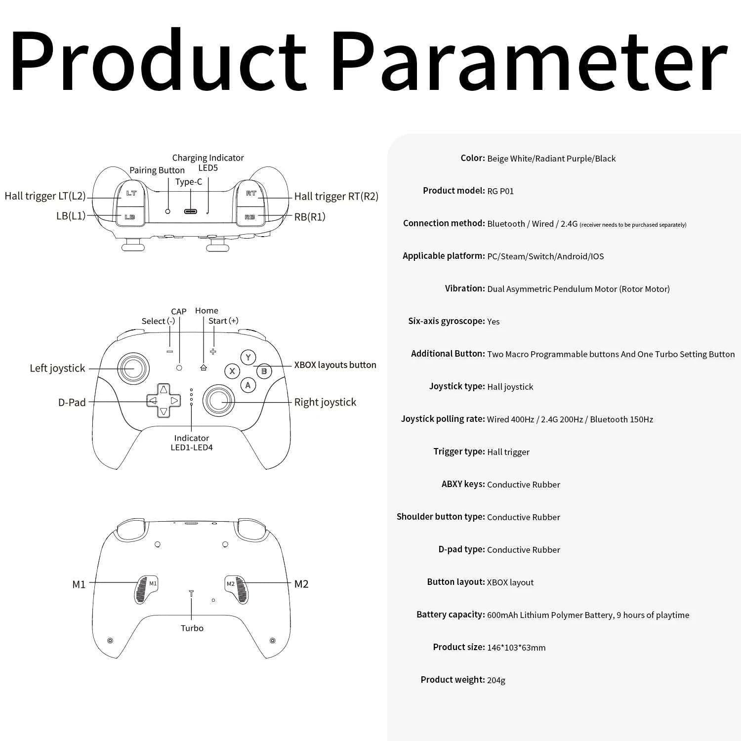 Wireless Gaming Controller with Hall Effect Triggers and Joysticks-Radiant Purple / United States