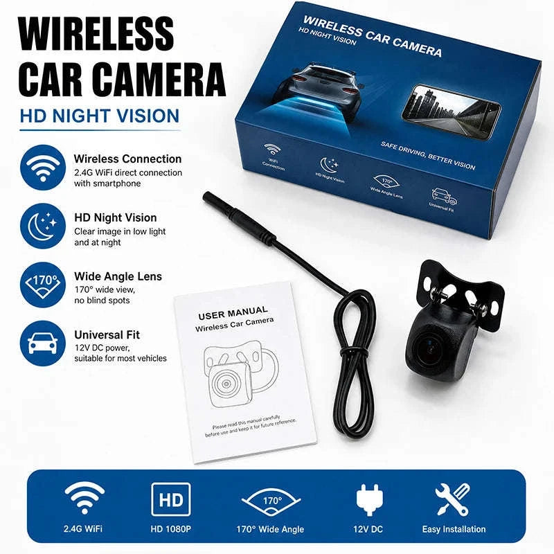 Wireless HD Car Rearview Camera 170° Waterproof 12V/24V-ACC