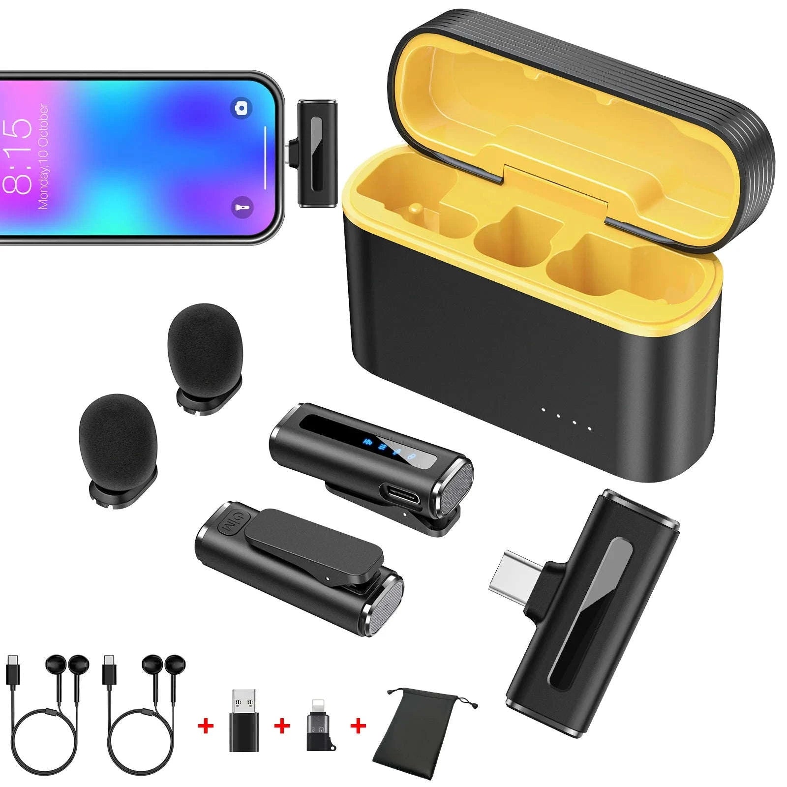 Wireless Lavalier Microphone with Charging Case and Noise Reduction-Yellow-TYPE-C