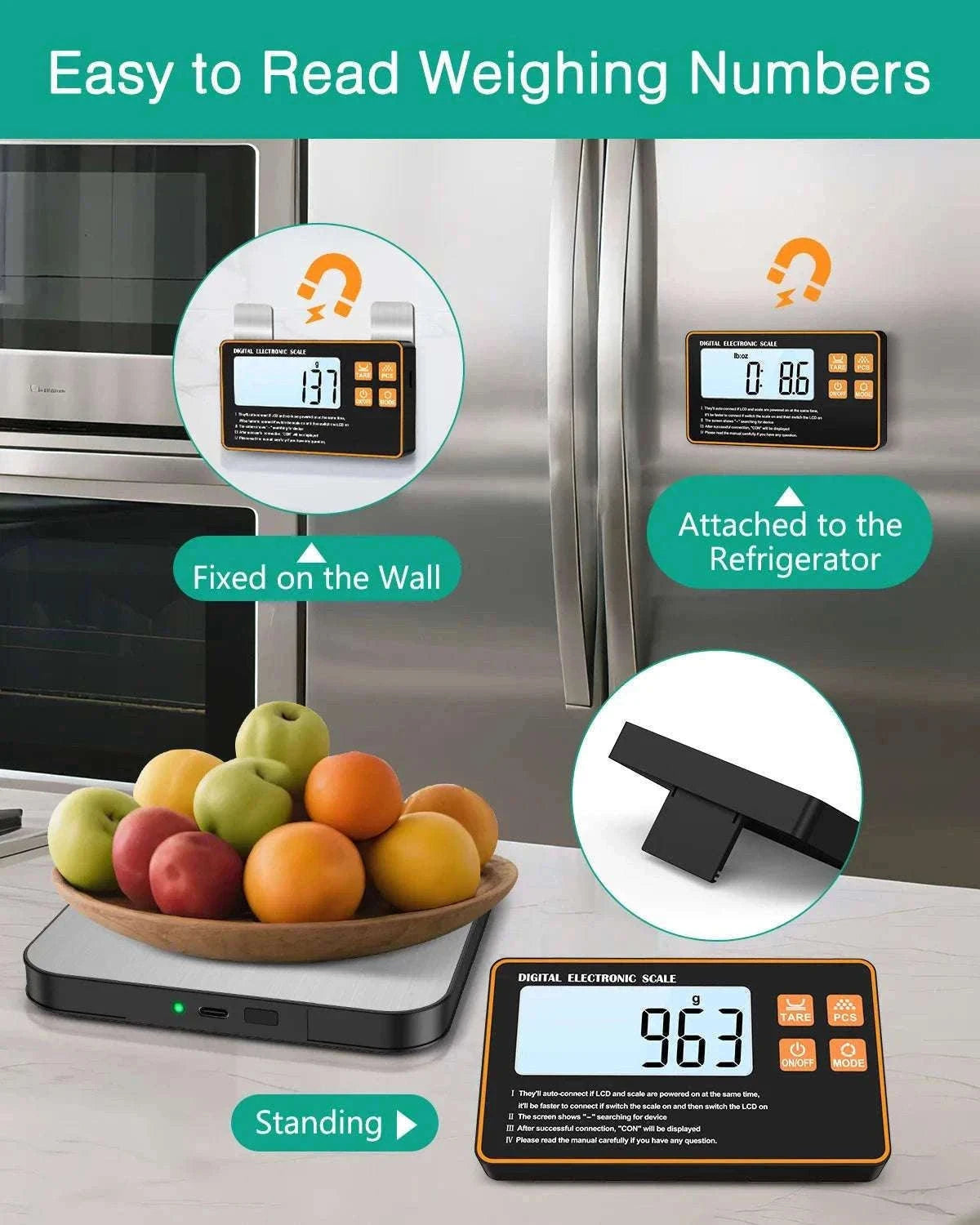 Wireless Magnetic Kitchen Scale with Remote Display 15kg 1g Precision-Default Title