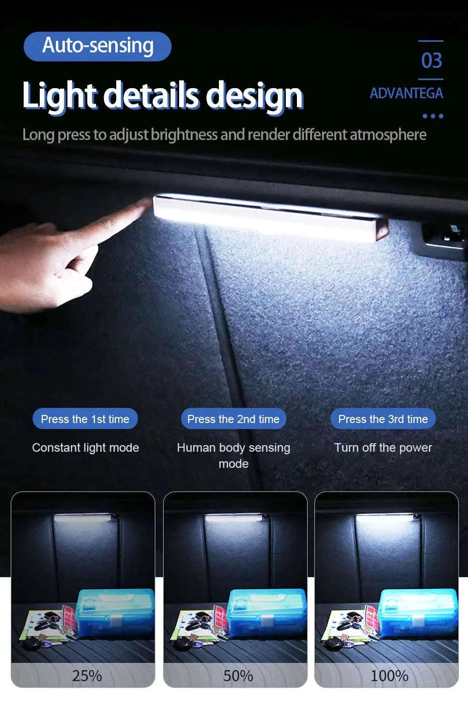 Wireless Motion Sensor Light for Trunk, USB Rechargeable, 3-Color Brightness-2pcs 10cm