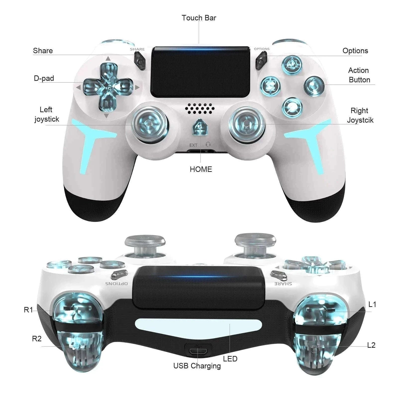 Wireless PS4 Controller with RGB Light, Bluetooth, Vibration & Gyro-White / United States