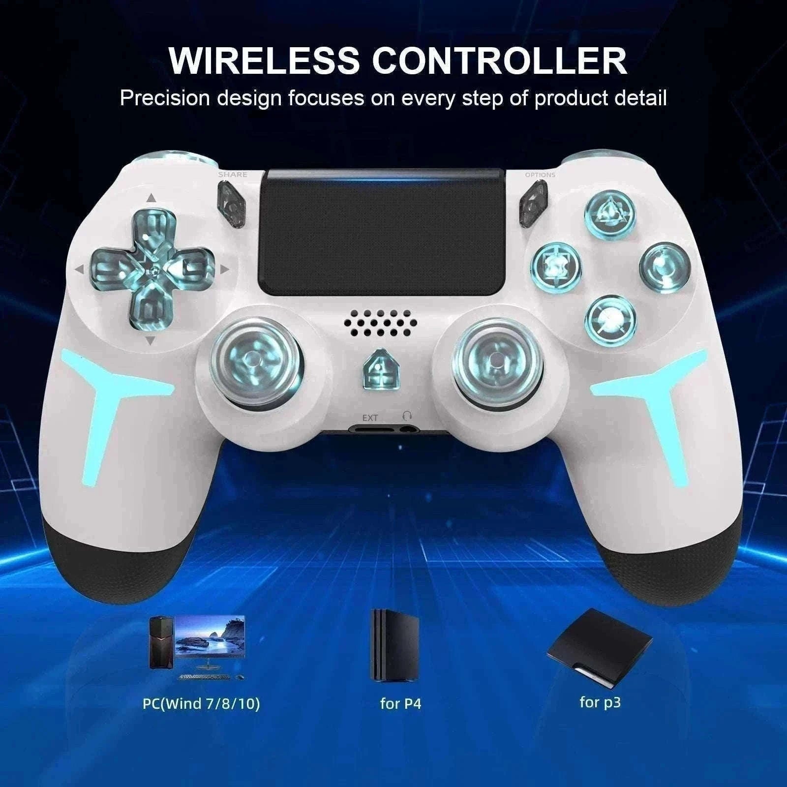 Wireless PS4 Controller with RGB Light, Bluetooth, Vibration & Gyro-White / United States