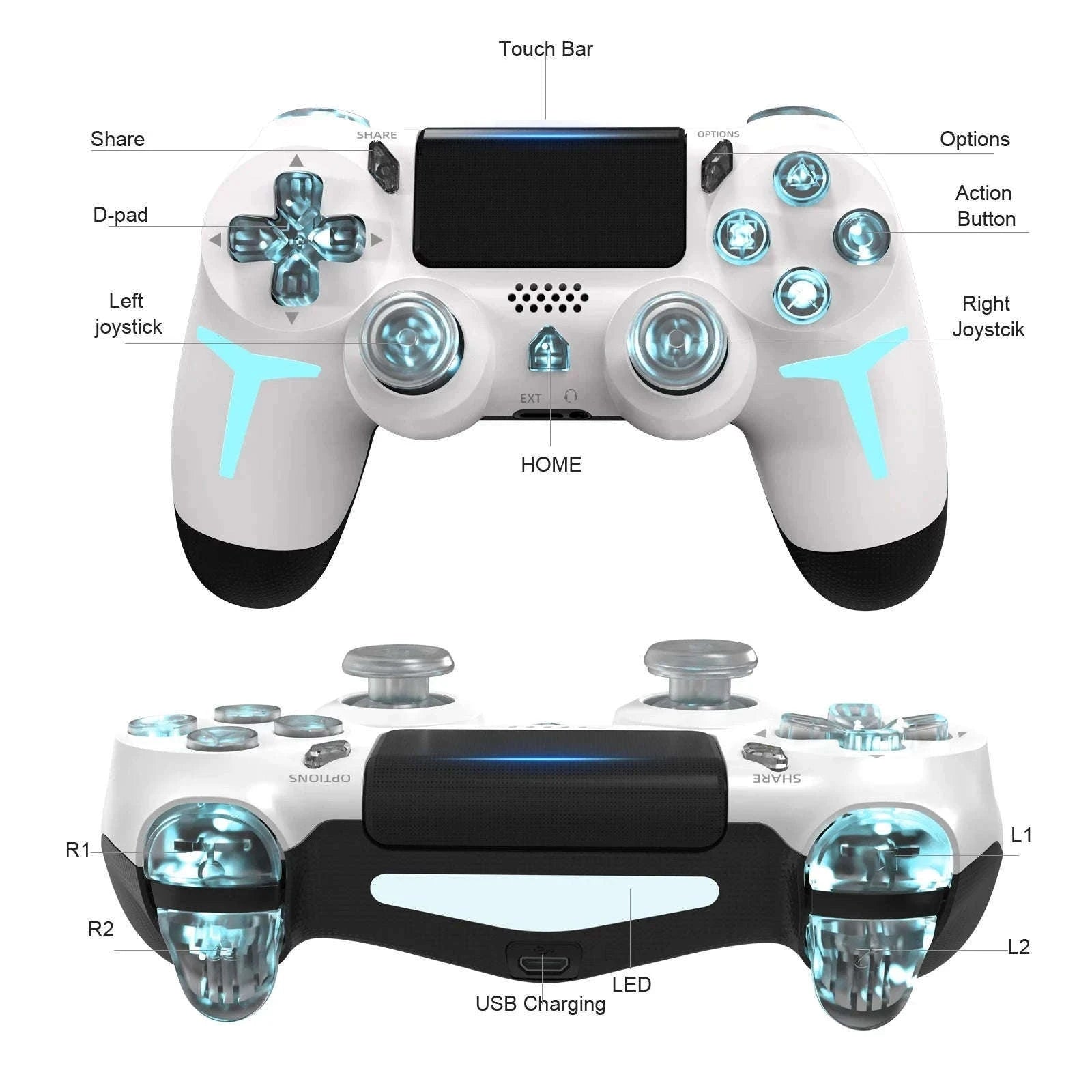 Wireless PS4 Controller with RGB Light, Bluetooth, Vibration & Gyro-White / United States