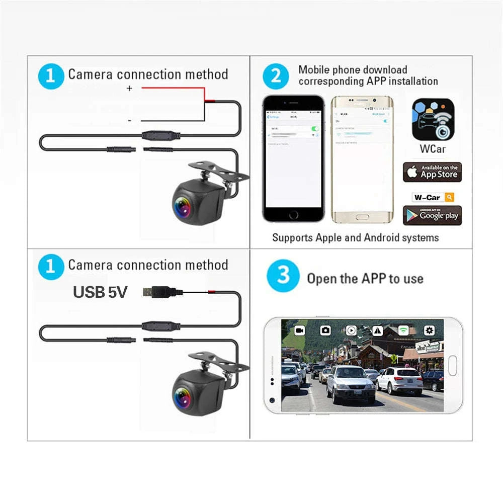 Wireless Rear View Camera with Wi-Fi, HD 720P, Waterproof, 12V/24V-For 12-24V Cars