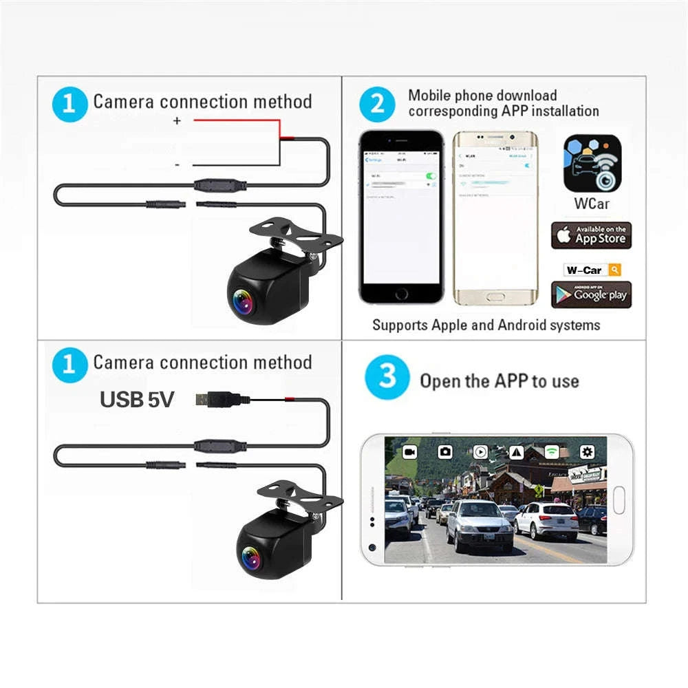 Wireless Rear View Camera with Wi-Fi, HD 720P, Waterproof, 12V/24V-For 12-24V Cars