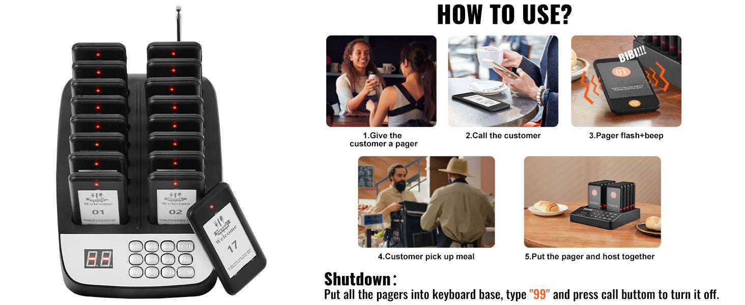 Wireless Restaurant Pager System with 16 Guest Beepers 500m Range-EU 220V / spain