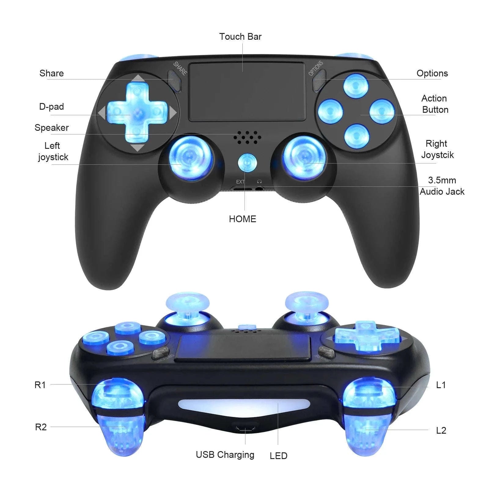 Wireless RGB Controller with Dual Vibration for PS4, PS3 & PC-Blue