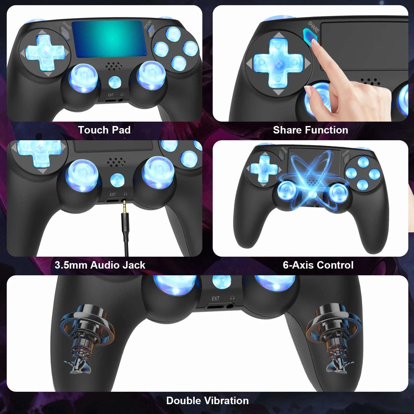 Wireless RGB Controller with Dual Vibration for PS4, PS3 & PC-Blue