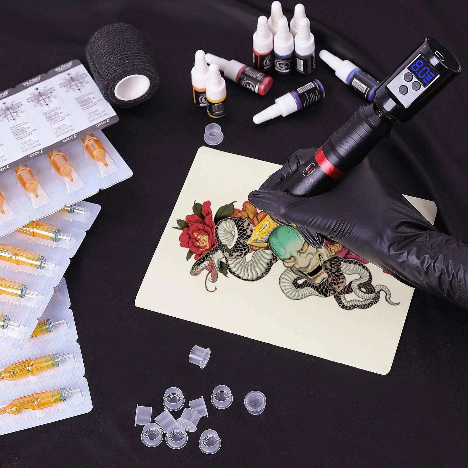 Wireless Rotary Tattoo Machine Kit with Battery and 20 Cartridges-TATTOO KIT / United States