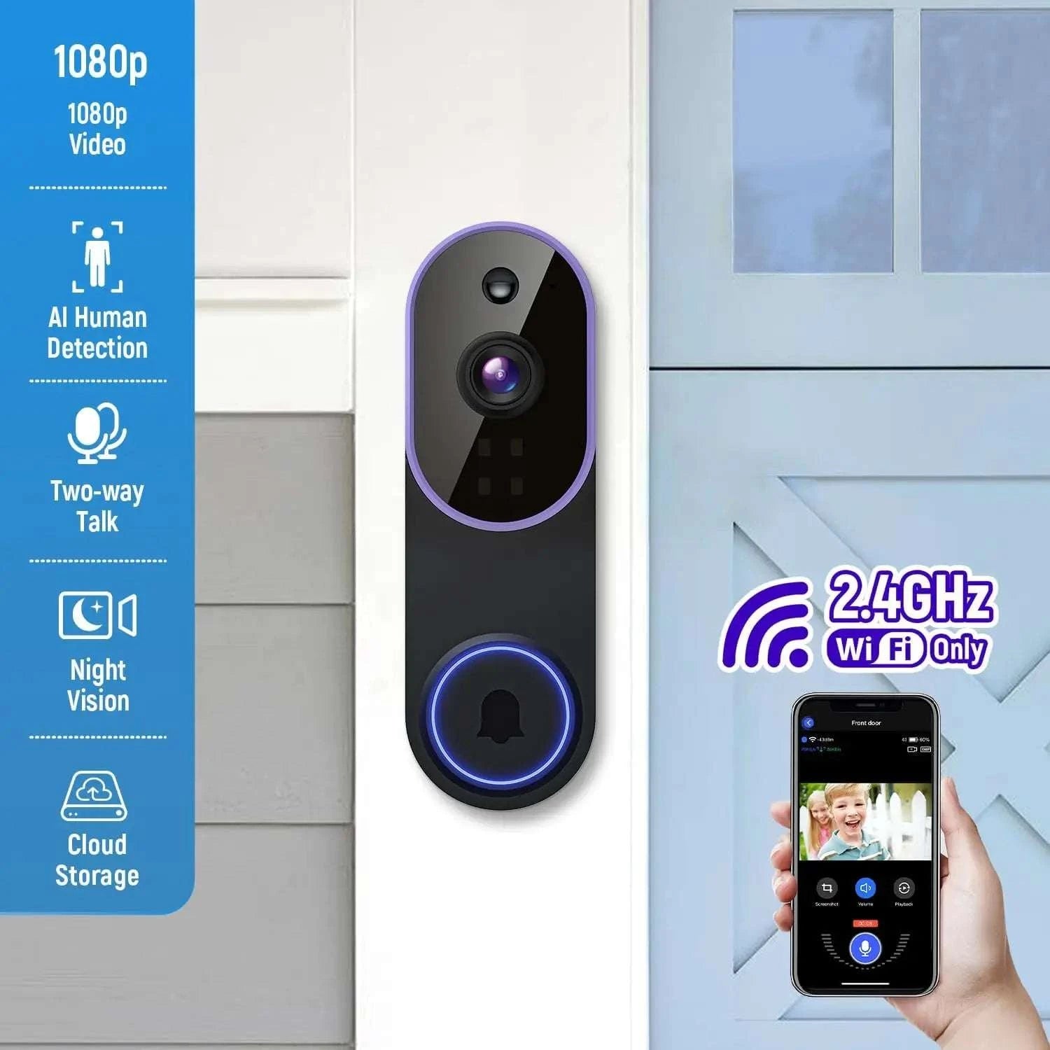 Wireless Video Doorbell Camera with AI Detection & Night Vision-United States