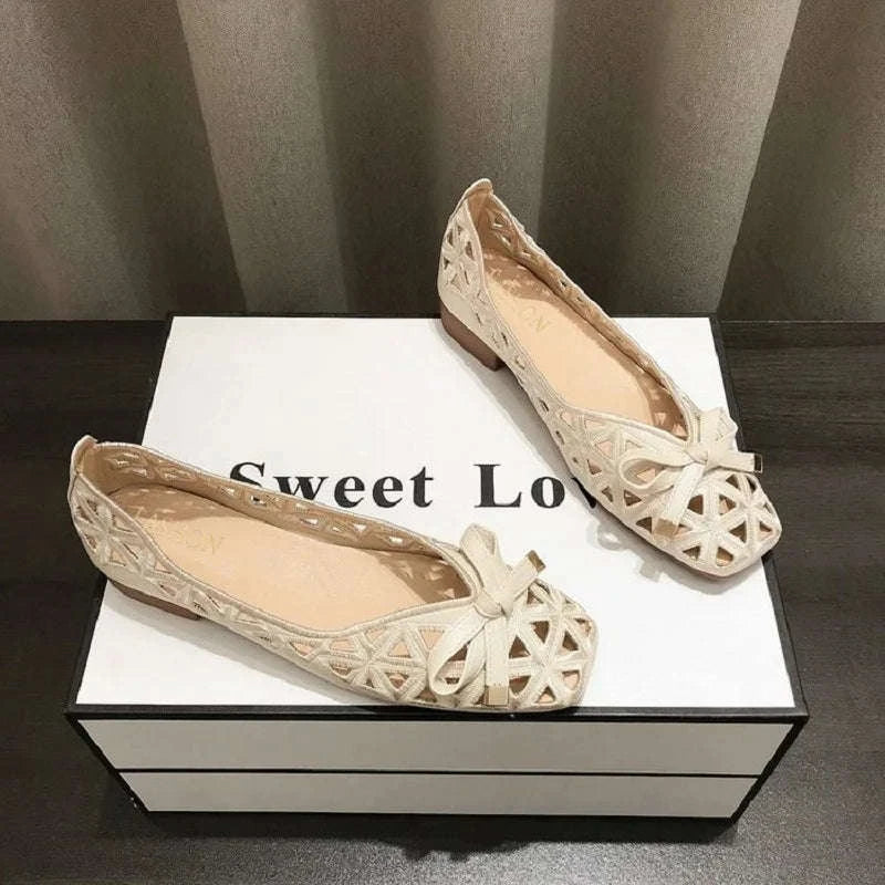 Women Flat Sandals Beige Peep-Toe Cut-Out Slip-On Shoes-Beige / 35