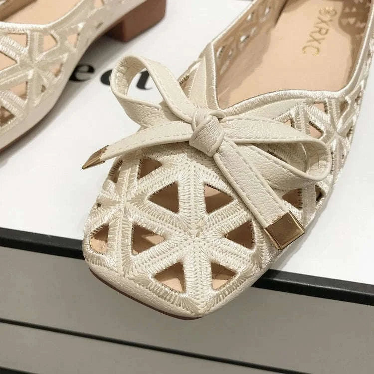 Women Flat Sandals Beige Peep-Toe Cut-Out Slip-On Shoes-Beige / 35