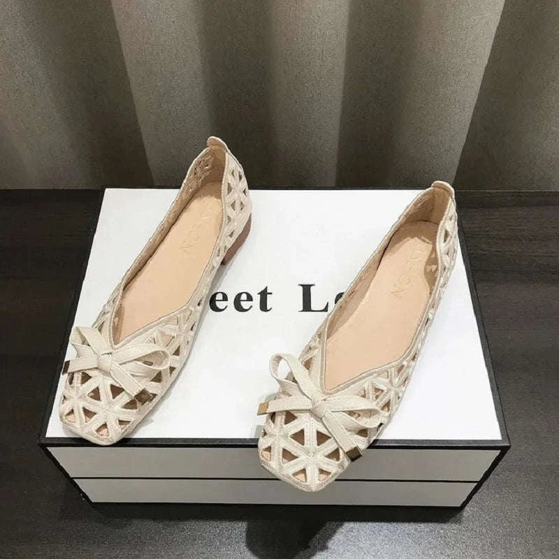 Women Flat Sandals Beige Peep-Toe Cut-Out Slip-On Shoes-Beige / 35
