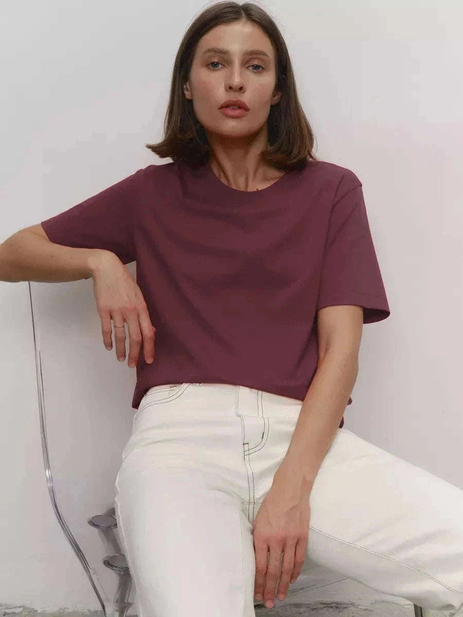 Women's 100% Cotton Loose Fit Short Sleeve Basic T-Shirt-Light Purple / M