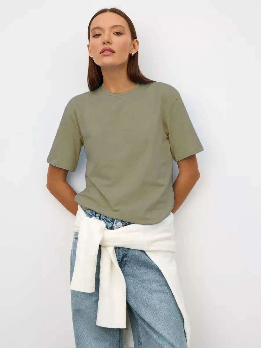 Women's 100% Cotton Loose Fit Short Sleeve Basic T-Shirt-Light Purple / M