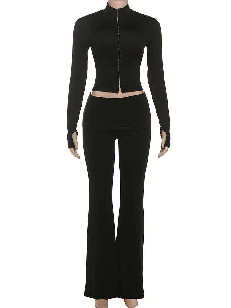 Women’s 2 Piece Crop Top and Straight Pants Set – Slim Fit Autumn Outfit-black / L