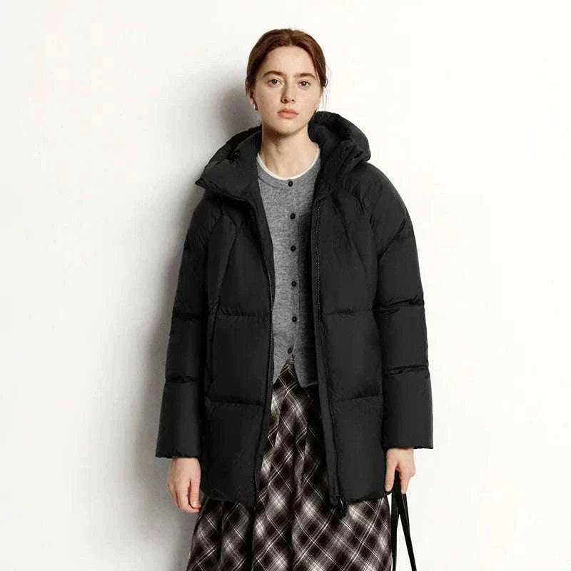 Women's 90% Down Mid-Length Winter Jacket with Hood & Stain Protection-Black / XS / China Mainland