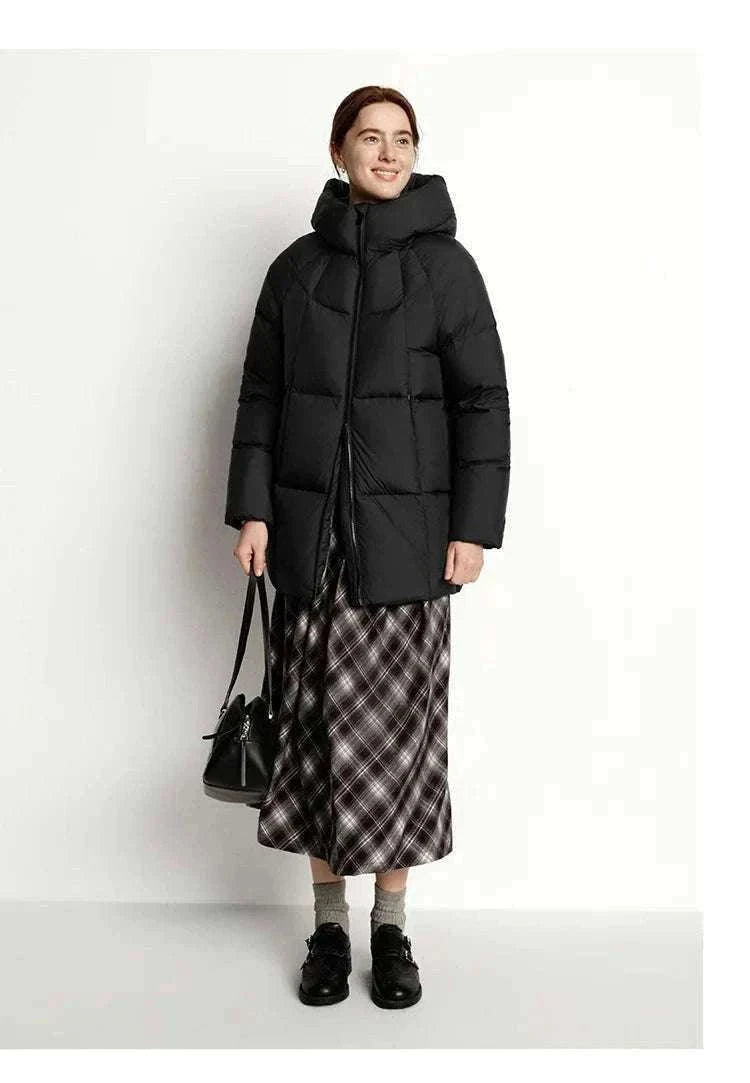 Women's 90% Down Mid-Length Winter Jacket with Hood & Stain Protection-Black / XS / China Mainland