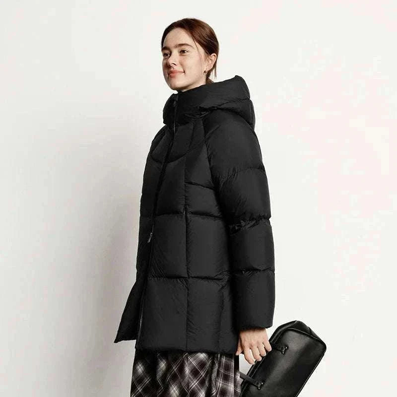 Women's 90% Down Mid-Length Winter Jacket with Hood & Stain Protection-Black / XS / China Mainland