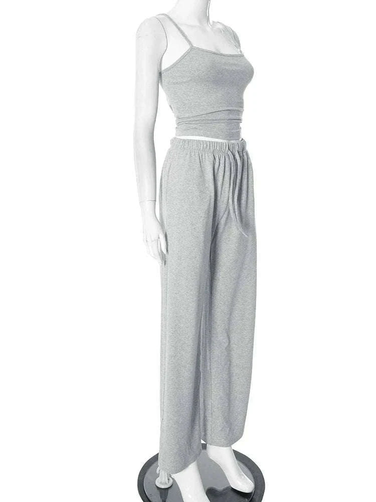 Women’s Backless Camisole & Wide Leg Pants 2-Piece Lounge Set-GRAY / S