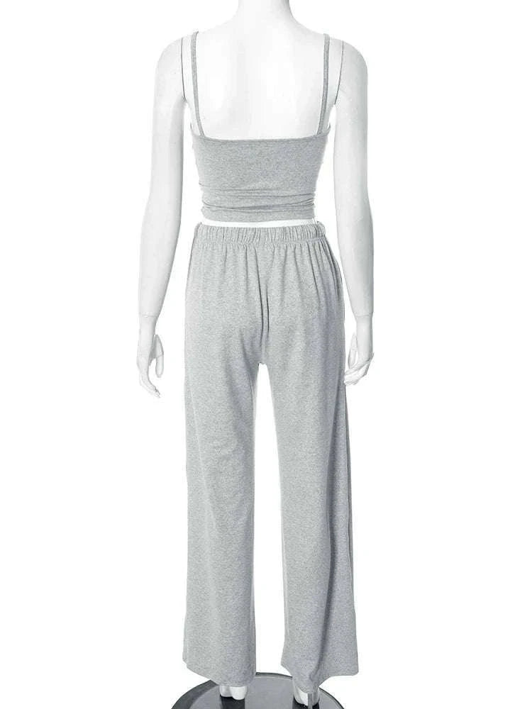 Women’s Backless Camisole & Wide Leg Pants 2-Piece Lounge Set-GRAY / S