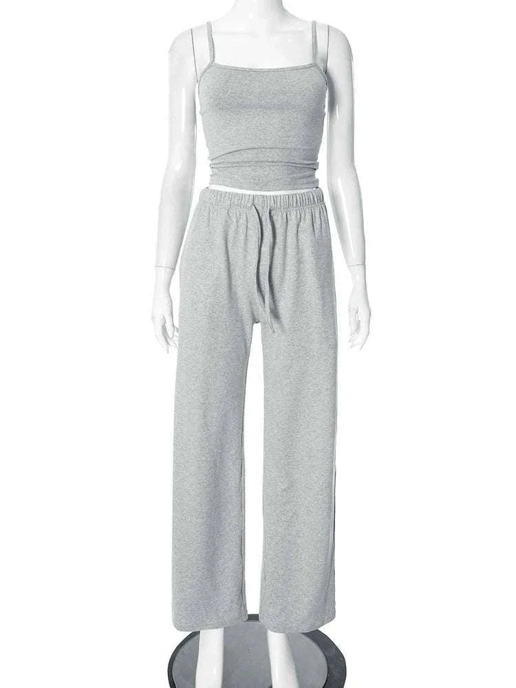 Women’s Backless Camisole & Wide Leg Pants 2-Piece Lounge Set-GRAY / S