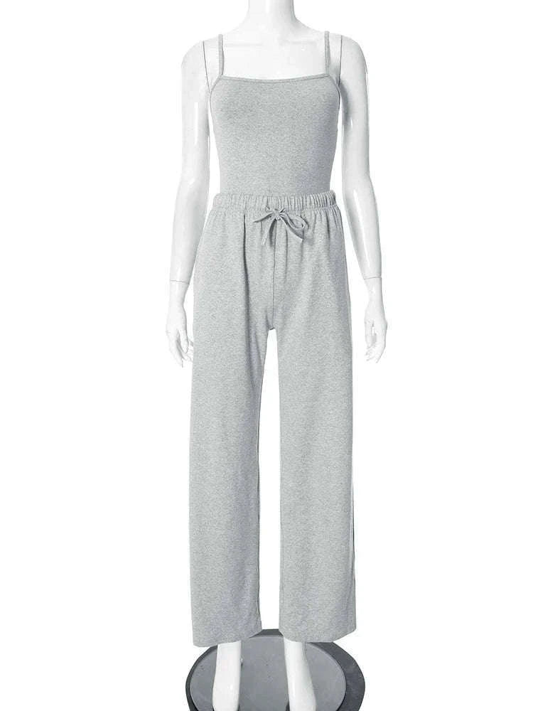 Women’s Backless Camisole & Wide Leg Pants 2-Piece Lounge Set-GRAY / S