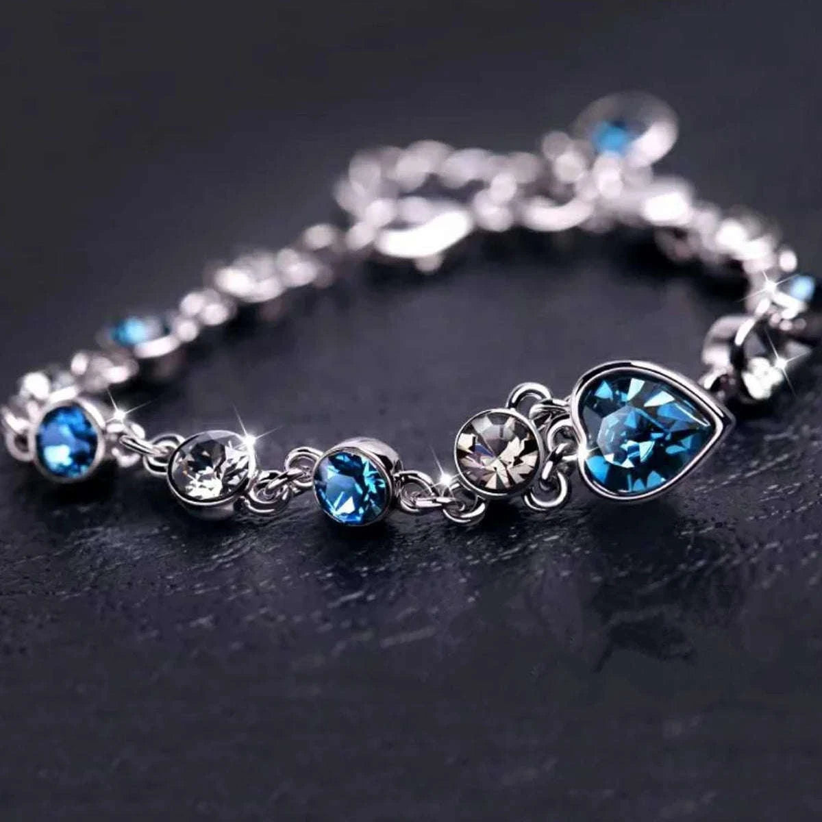 Women’s Blue Crystal Heart Bracelet in Silver Tone-ASL70250