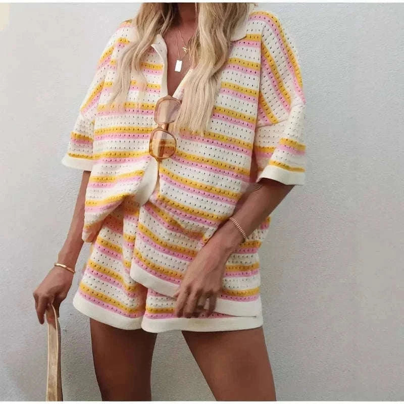 Women’s Breathable Striped Knit Cardigan & Shorts Lounge Set-Mixed Color / S