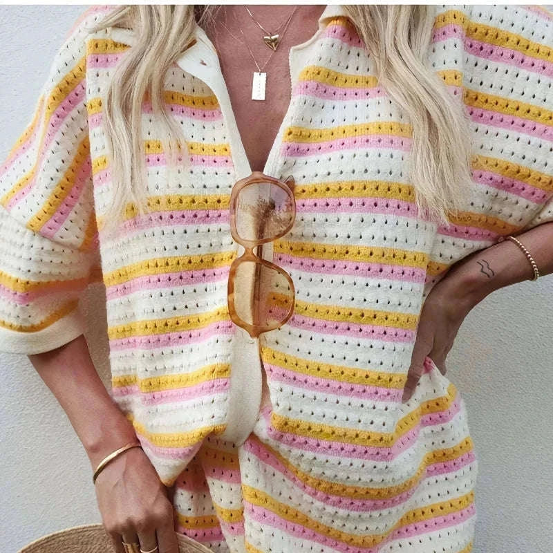 Women’s Breathable Striped Knit Cardigan & Shorts Lounge Set-Mixed Color / S