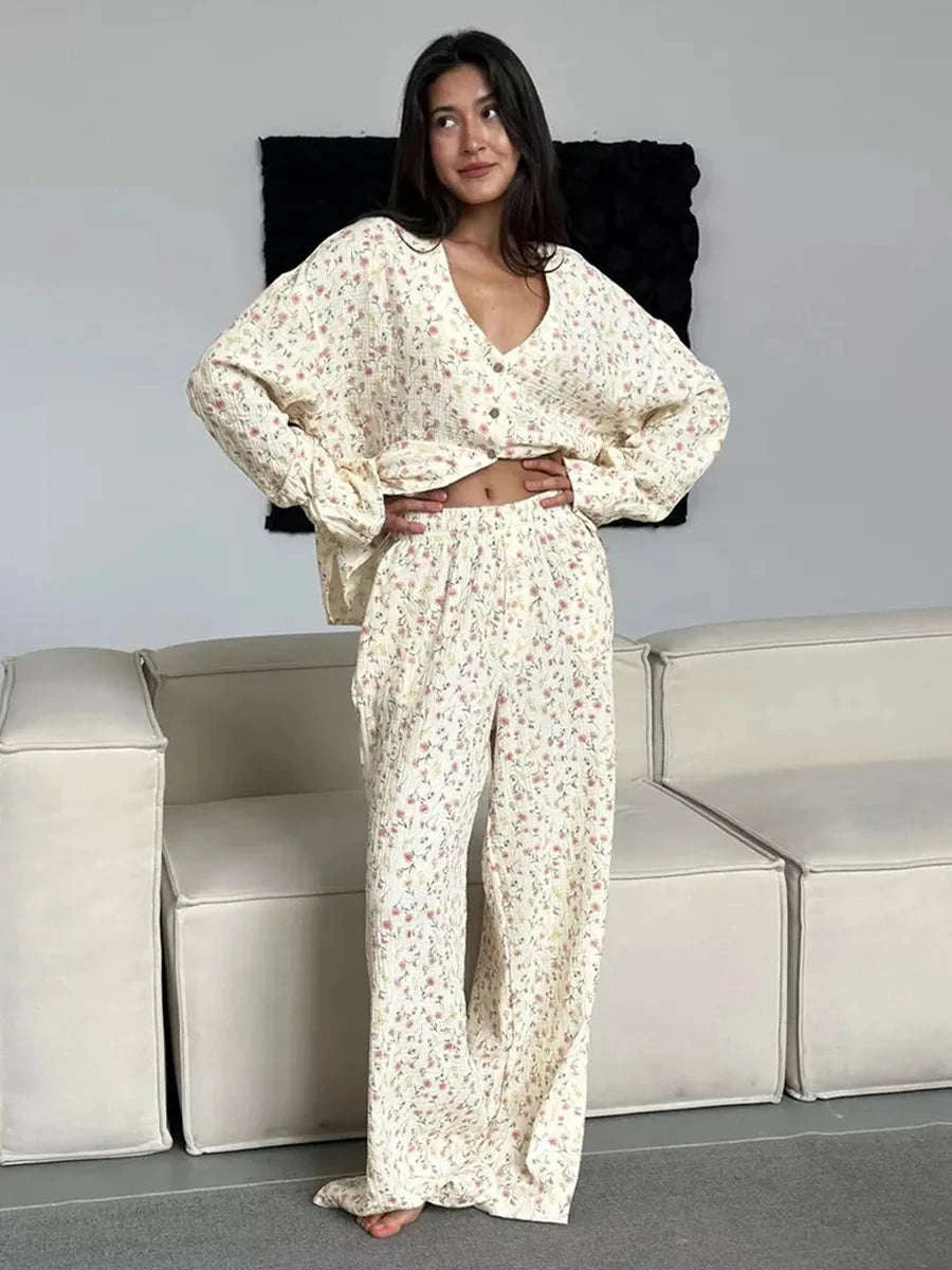 Women's Cotton Floral Pajama Set Long Sleeve Cardigan Top & Pants-Printing / S