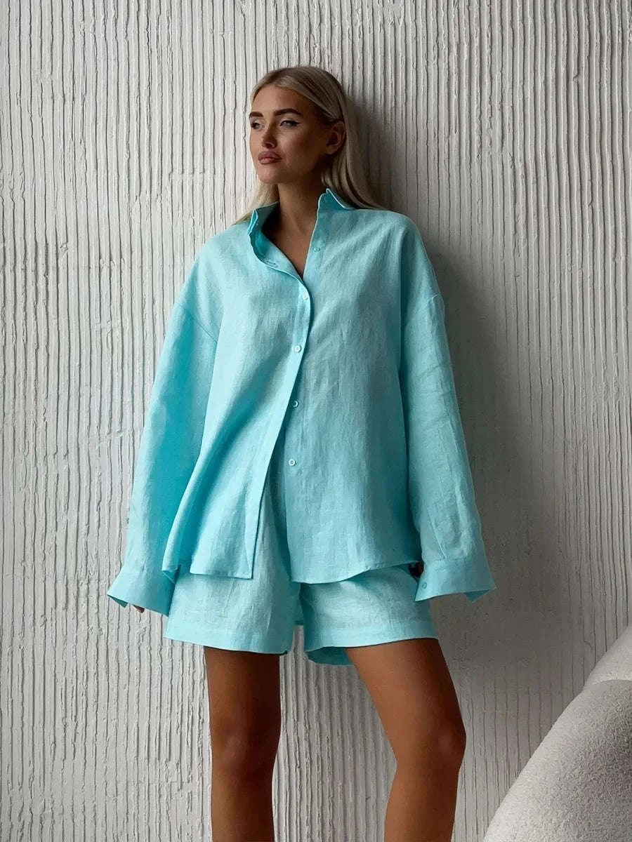 Women's Cotton Lounge Set Shirt and Shorts Casual Summer Outfit-Orange / M