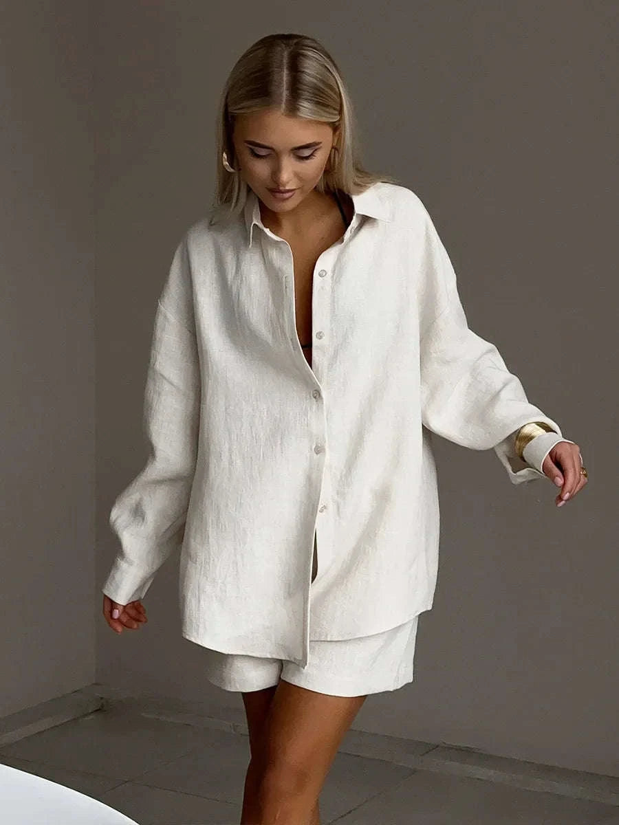 Women's Cotton Lounge Set Shirt and Shorts Casual Summer Outfit-Orange / M