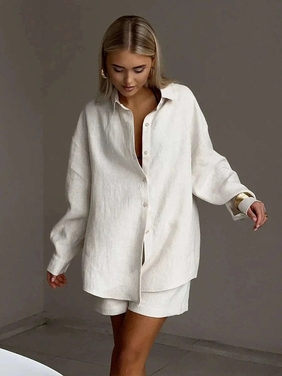 Women's Cotton Lounge Set Shirt and Shorts Casual Summer Outfit-Orange / M