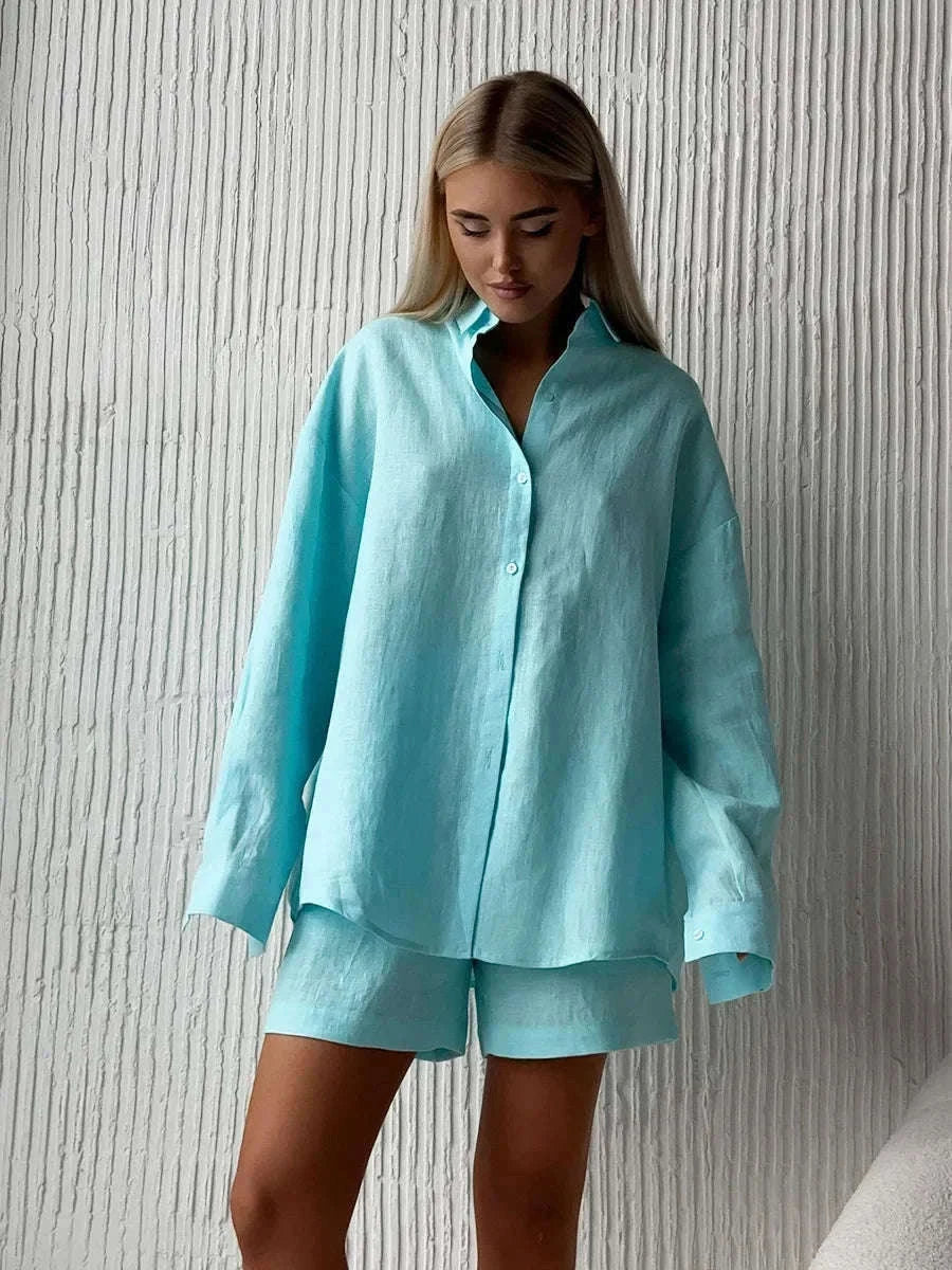 Women's Cotton Lounge Set Shirt and Shorts Casual Summer Outfit-Orange / M