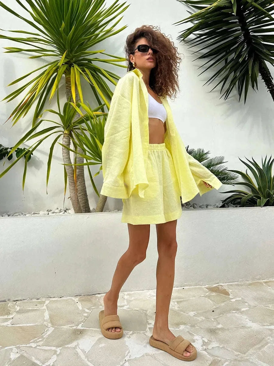Women's Cotton Lounge Set Shirt and Shorts Casual Summer Outfit-Orange / M