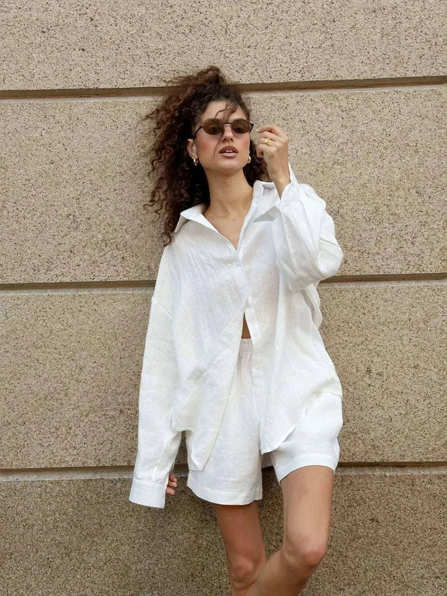 Women's Cotton Lounge Set Shirt and Shorts Casual Summer Outfit-Orange / M