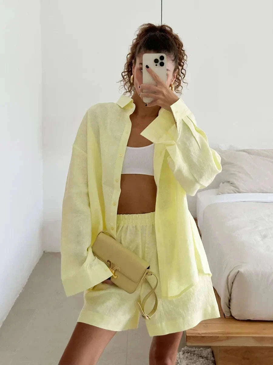 Women's Cotton Lounge Set Shirt and Shorts Casual Summer Outfit-Orange / M
