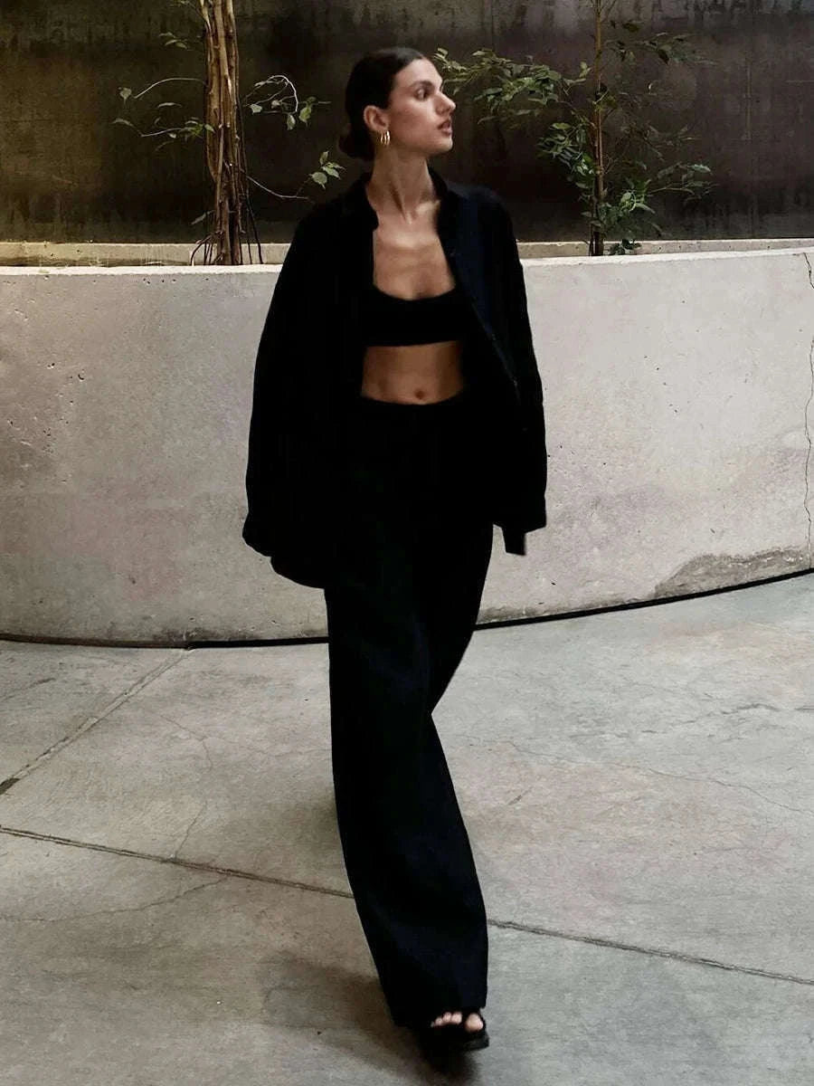 Women’s Cotton Lounge Set with Relaxed Shirt and Wide Leg Pants-Black / L