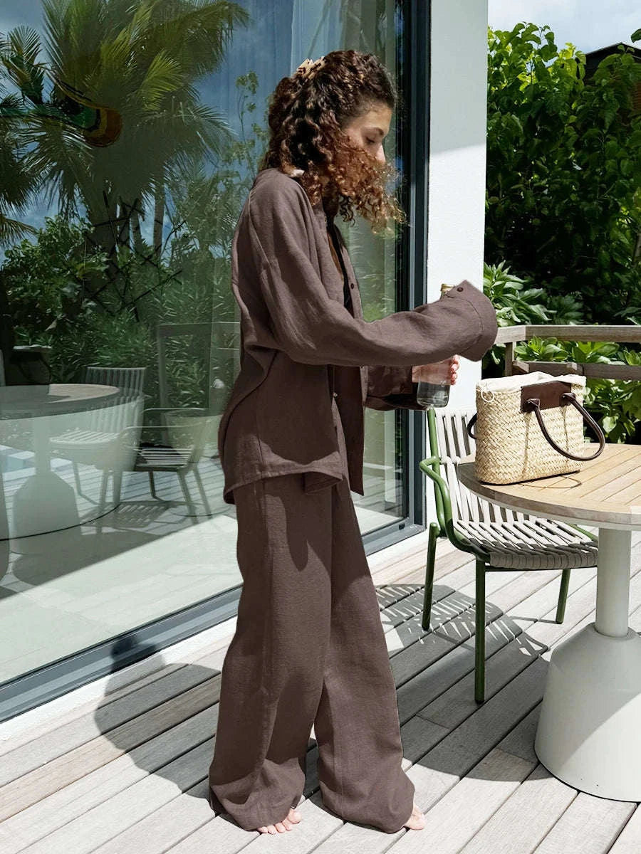 Women’s Cotton Lounge Set with Relaxed Shirt and Wide Leg Pants-Black / L