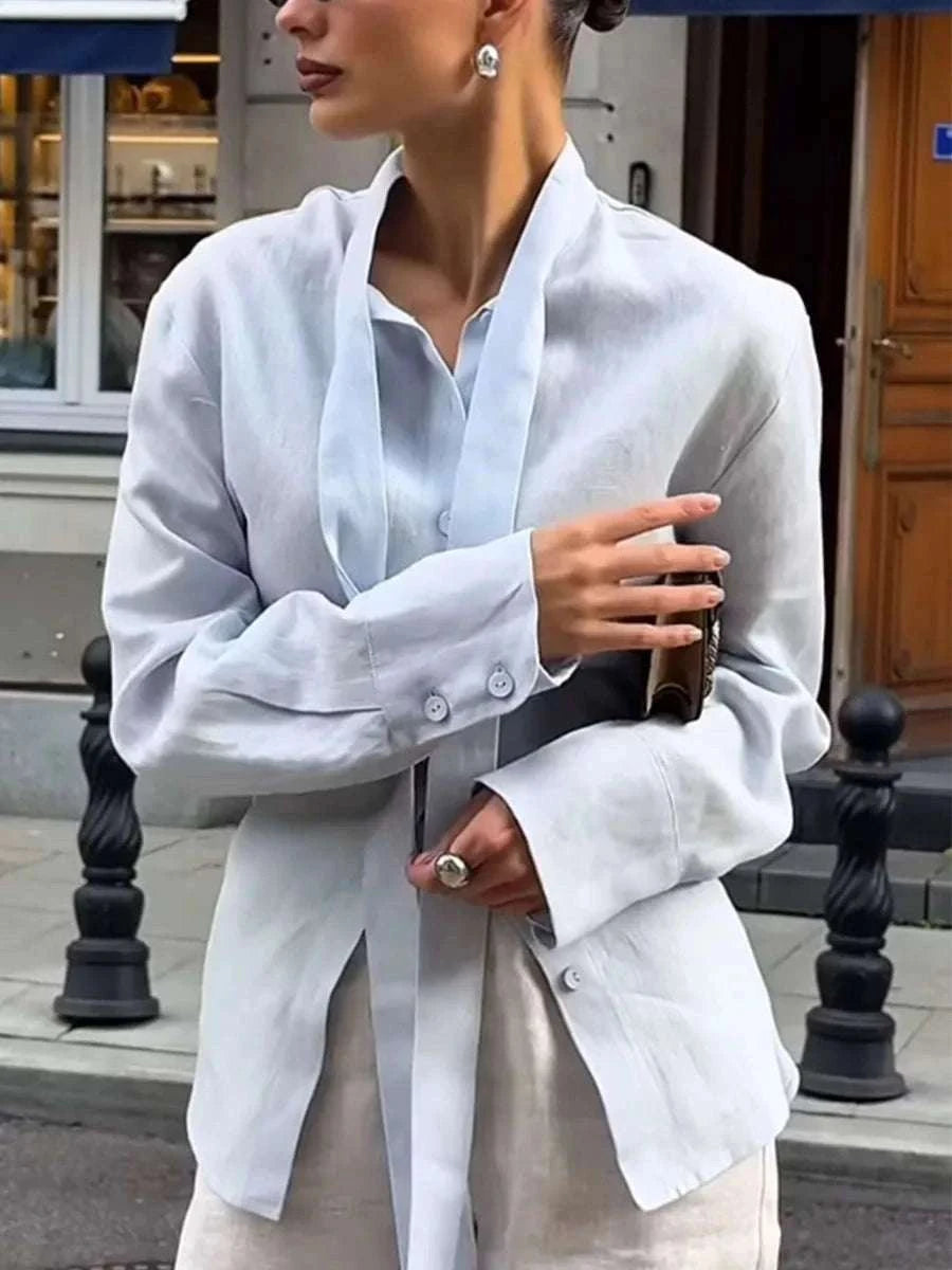 Women’s Cotton Tie Waist Shirt Cardigan Slim Fit Office Layer-Blue / L