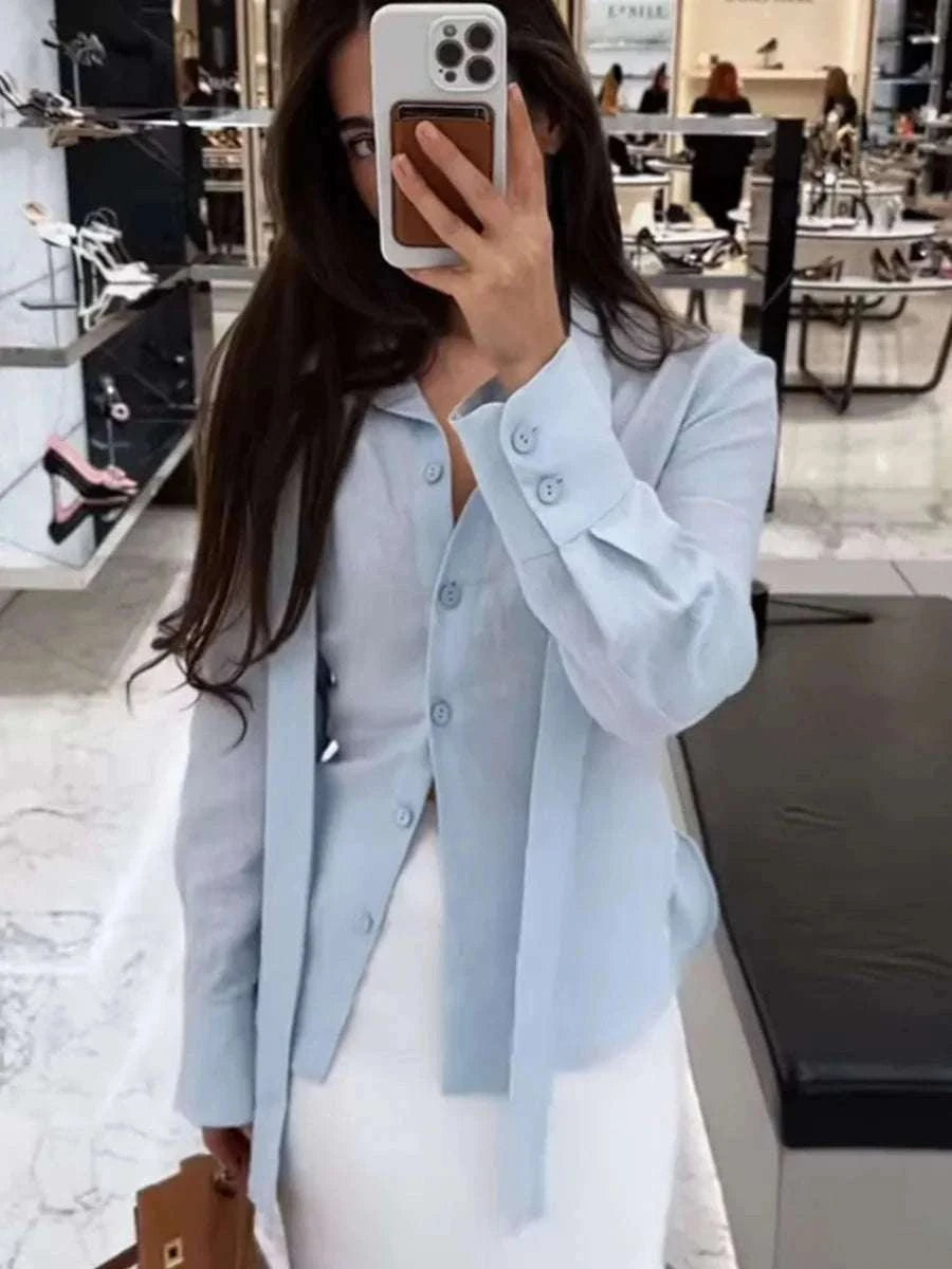 Women’s Cotton Tie Waist Shirt Cardigan Slim Fit Office Layer-Blue / L
