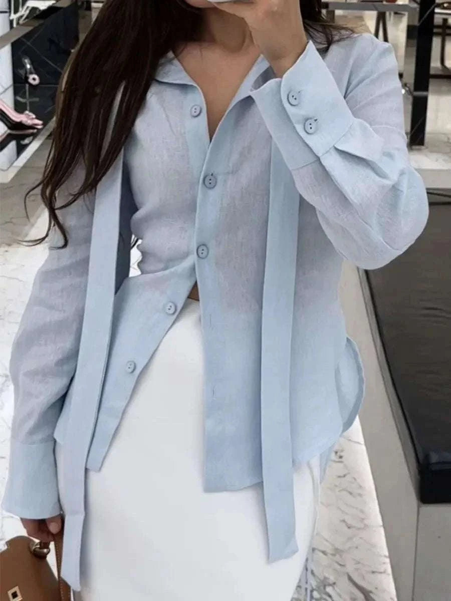 Women’s Cotton Tie Waist Shirt Cardigan Slim Fit Office Layer-Blue / L