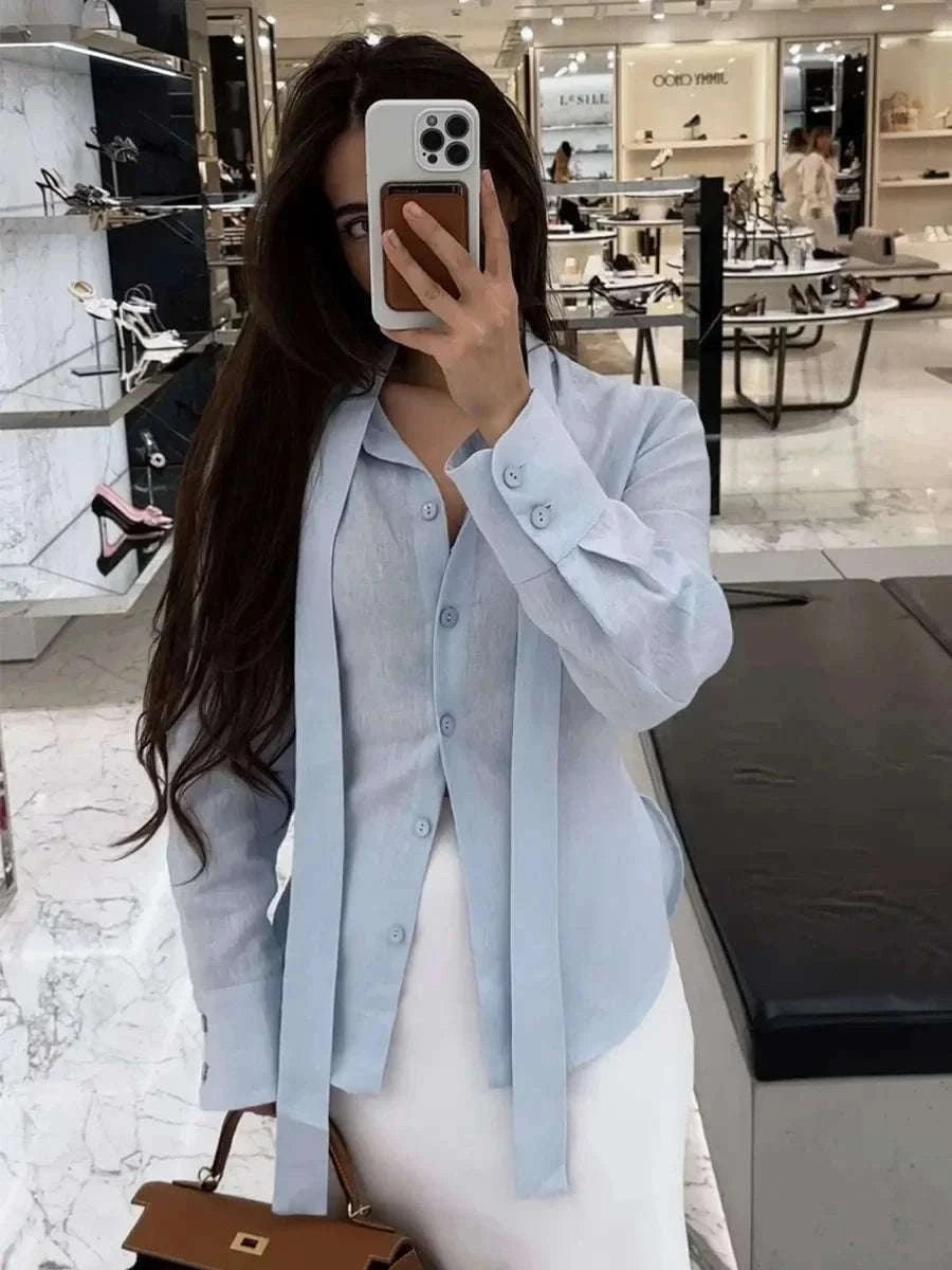 Women’s Cotton Tie Waist Shirt Cardigan Slim Fit Office Layer-Blue / L