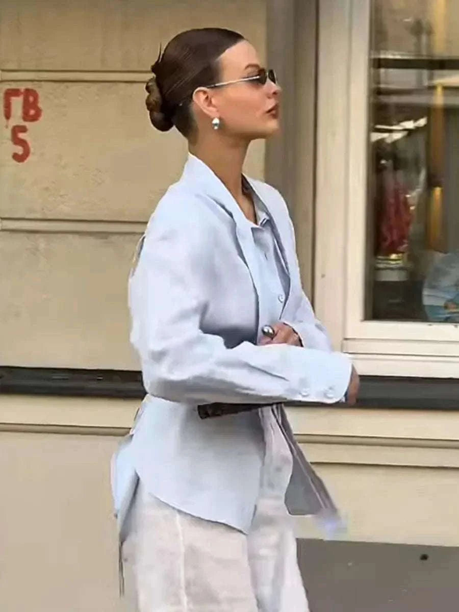 Women’s Cotton Tie Waist Shirt Cardigan Slim Fit Office Layer-Blue / L